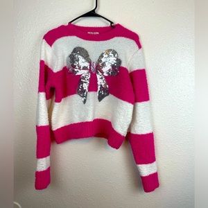 Merry Christmas By Poof Bow Sweater New Medium Pink White Stripe Pullover